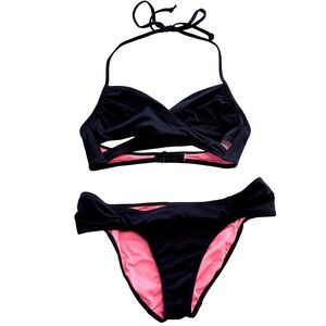 Victoria's Secret PINK Black Cutout Bikini Set Pink Lining Halter Wrap Y2K – XS